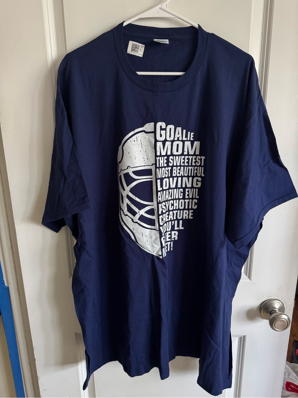 Port and Company Navy Blue 'Goalie Mom' Short Sleeve Tee with White Print
